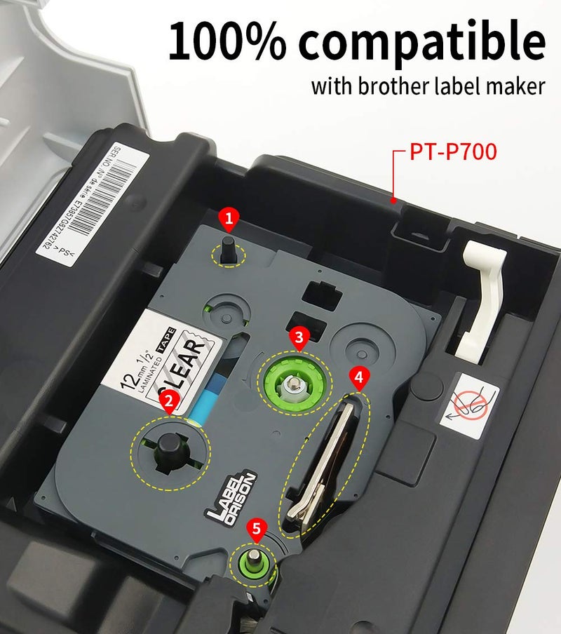 Label Orison 5PK TZe-131 TZ-131 Compatible with Brother P-Touch Labeling Tape Cassette TZ2 131 Tapes Refill T-D210 PT-H100 PT-1880 Black on Clear 1/2 Inch (12mm) x 26.2ft (8m) - Image 2